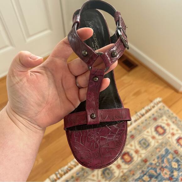Via Spiga Plum Purple Hand Tooled Leather T-Strap Sandals - Picture 2 of 9